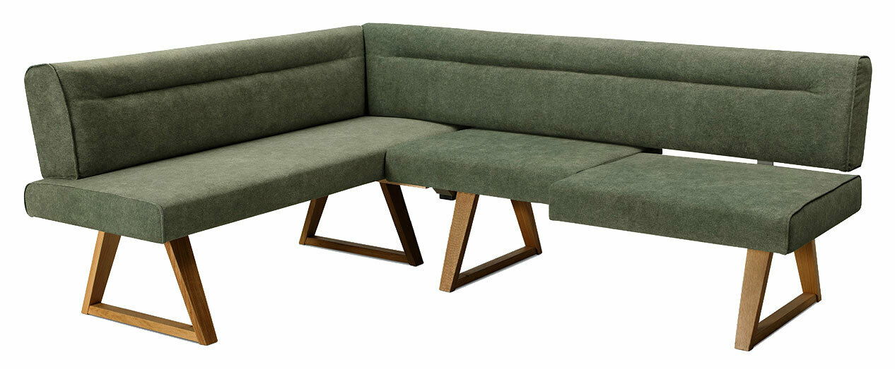 Grüne Eckbank mit Holzbeinen, seitliche Perspektive