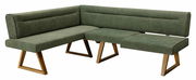 Grüne Eckbank mit Holzbeinen, seitliche Perspektive