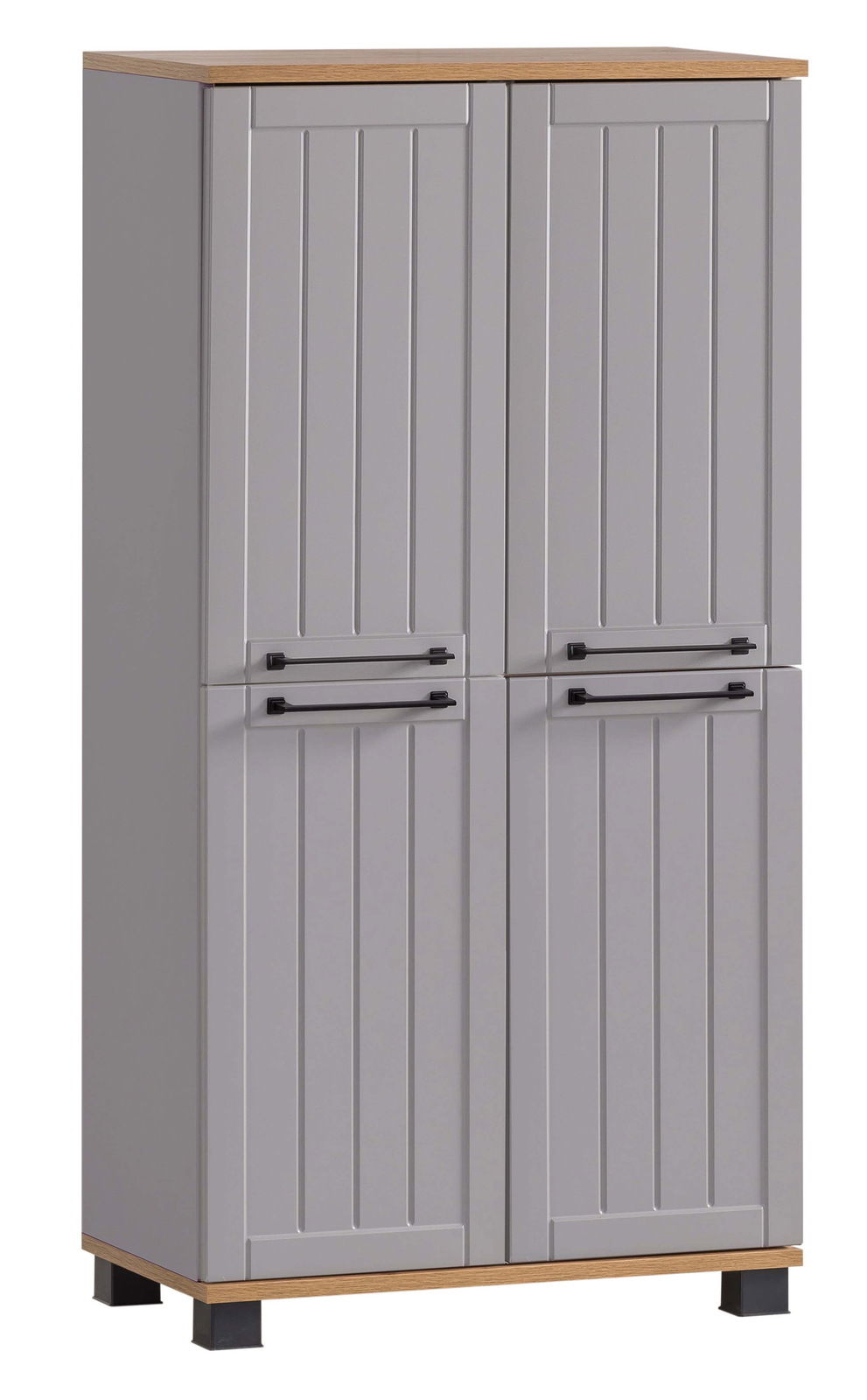 Graues Highboard mit zwei Türen, Holzoberfläche und schwarzen Griffen, frontale Ansicht