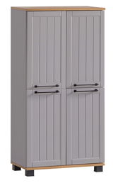 Graues Highboard mit zwei Türen, Holzoberfläche und schwarzen Griffen, frontale Ansicht