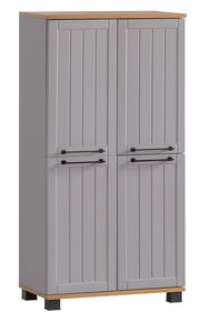 Graues Highboard mit zwei Türen, Holzoberfläche und schwarzen Griffen, frontale Ansicht