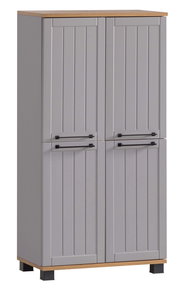 Graues Highboard mit zwei Türen, Holzoberfläche und schwarzen Griffen, frontale Ansicht