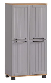 Graues Highboard mit zwei Türen, Holzoberfläche und schwarzen Griffen, frontale Ansicht