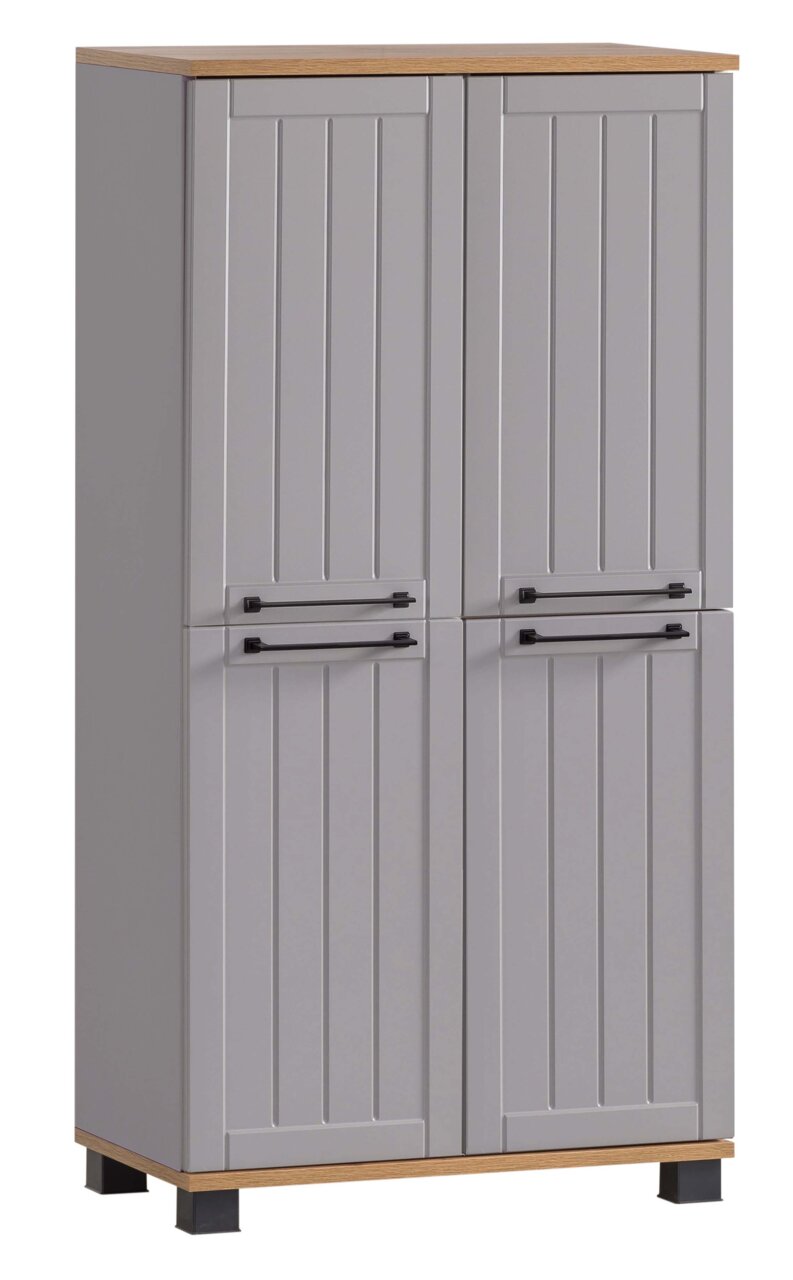 Graues Highboard mit zwei Türen, Holzoberfläche und schwarzen Griffen, frontale Ansicht