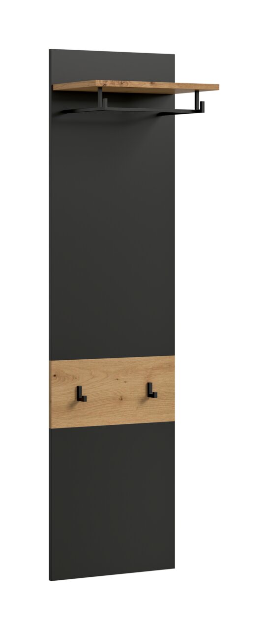MID.YOU Garderobenpaneel CANU Moderne Wandgarderobe mit schwarzer Rückwand, Holzablage, Kleiderstange und zwei Haken, frontale Ansicht mit leichter Perspektive von links