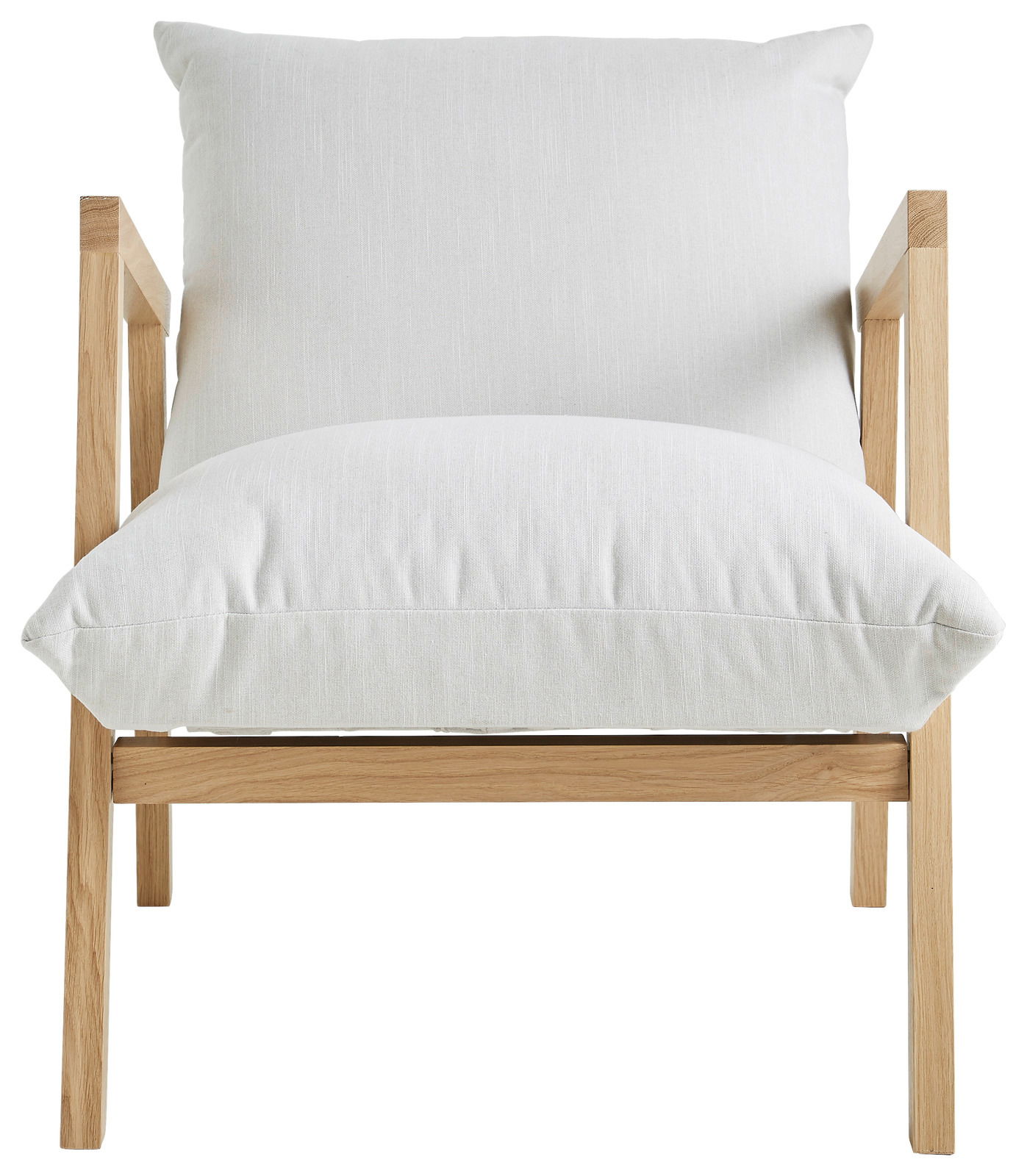 Moderner Sessel mit hellem Holzrahmen und weißen Kissen, Frontalansicht