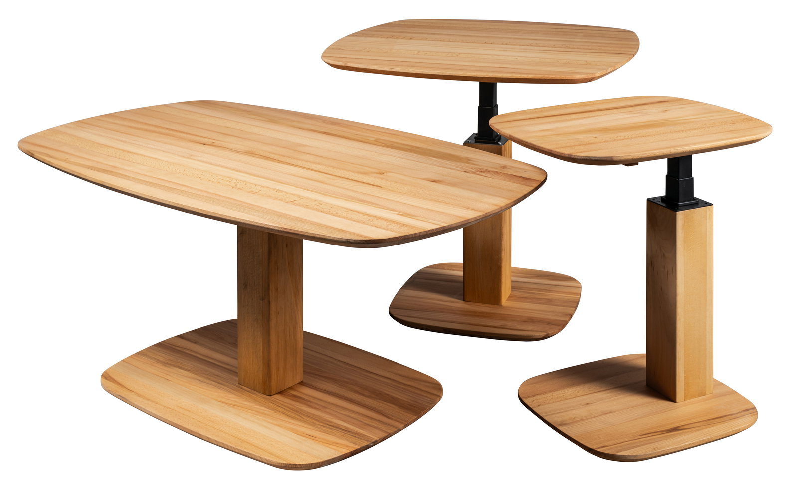 Linea Natura Beistelltisch PORTO Drei moderne Holztische in verschiedenen Höhen und Größen, aus hellem Holz mit rechteckigen Tischplatten und stabilen, quadratischen Beinen. Perspektive von schräg oben.