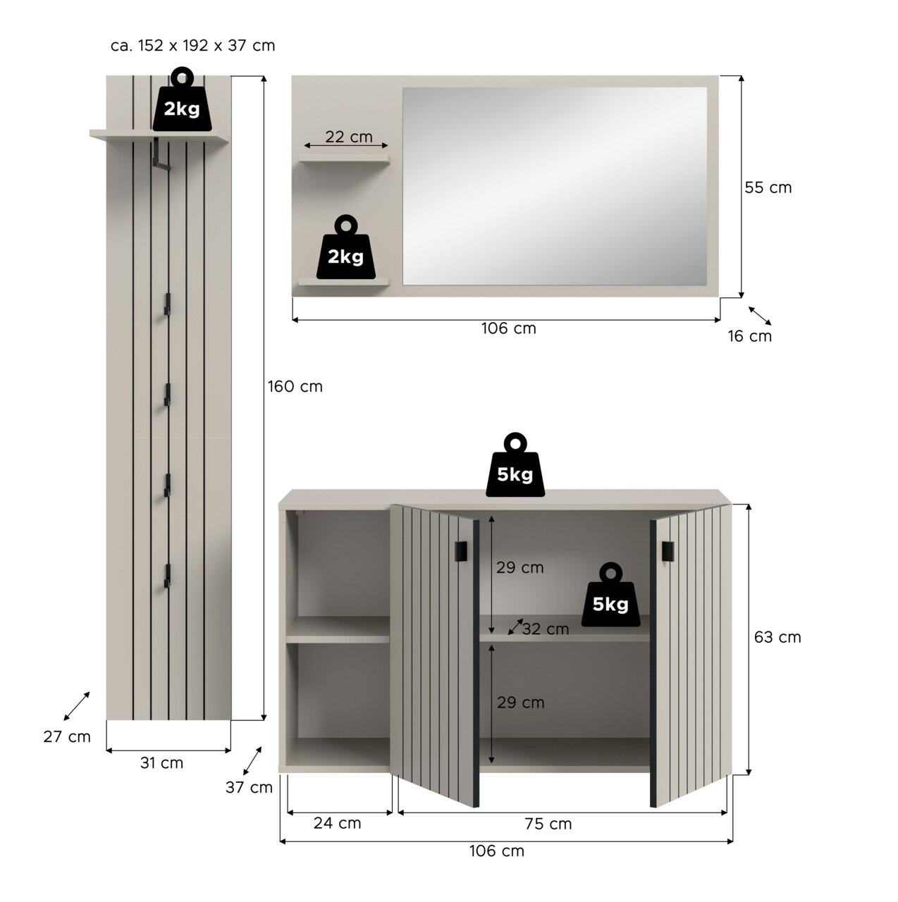 Maßgrafik eines grauen Flurmöbel-Sets mit Garderobenschrank, Spiegelpaneel mit zwei Ablagen und Schuhschrank mit Lamellentüren, inkl. Abmessungen und Belastungsangaben, Frontansicht sowie Seitenansicht des Hochschranks.