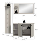 Maßgrafik eines grauen Flurmöbel-Sets mit Garderobenschrank, Spiegelpaneel mit zwei Ablagen und Schuhschrank mit Lamellentüren, inkl. Abmessungen und Belastungsangaben, Frontansicht sowie Seitenansicht des Hochschranks.