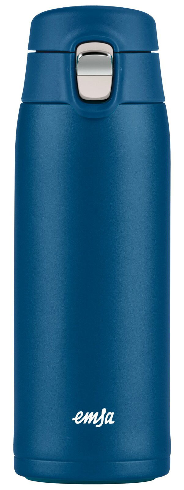 Blauer Thermobecher mit silbernem Verschluss, Vorderansicht