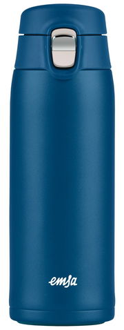 Blauer Thermobecher mit silbernem Verschluss, Vorderansicht