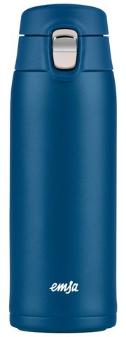 Blauer Thermobecher mit silbernem Verschluss, Vorderansicht