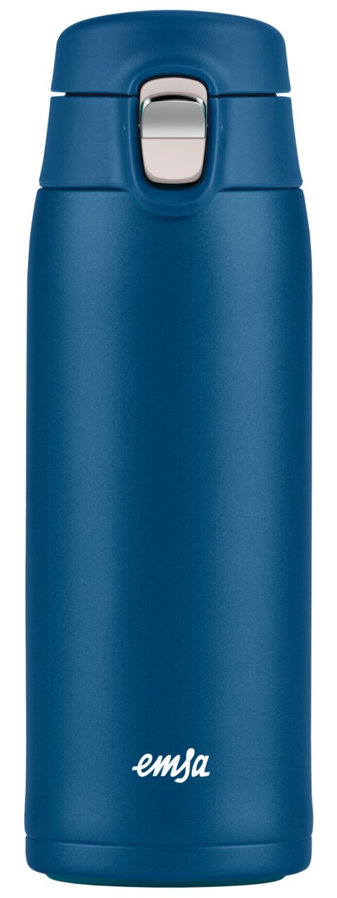 Blauwe thermosbeker met zilveren deksel, vooraanzicht