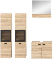 Badkombination BOSTON in Holzoptik mit zwei hohen Schränken, einem Spiegel und einem Unterschrank, frontal abgebildet.