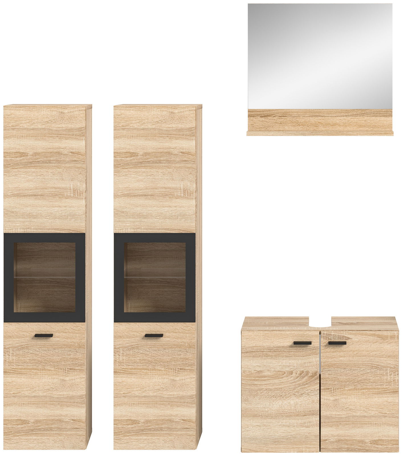 Badkombination BOSTON in Holzoptik mit zwei hohen Schränken, einem Spiegel und einem Unterschrank, frontal abgebildet.