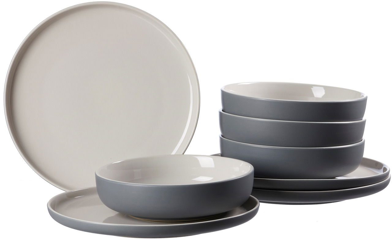 Tafel-Set Jasper 8-teilig in Grau, bestehend aus Tellern und Schalen, seitliche Perspektive