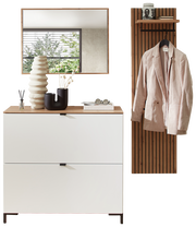 Garderoben-Set in Weiß mit Spiegel, Kommode und Wandpaneel mit Haken, frontal betrachtet.