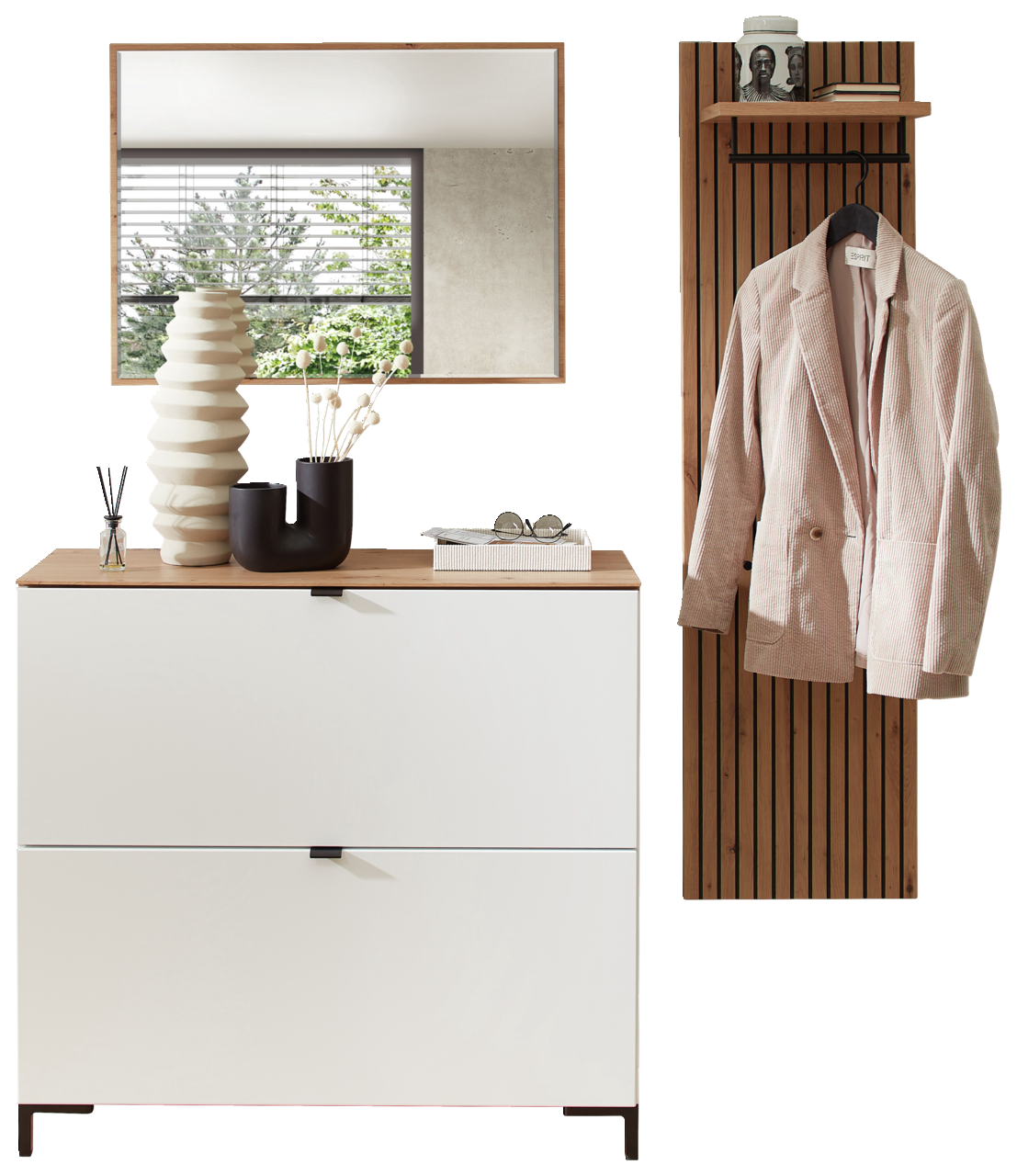 Garderoben-Set in Weiß mit Spiegel, Kommode und Wandpaneel mit Haken, frontal betrachtet.