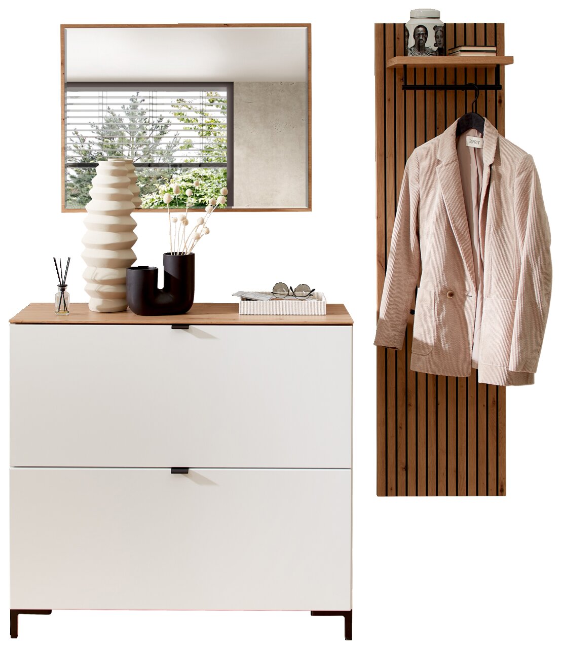 Voleo Garderoben-Set DIANA Garderoben-Set in Weiß mit Spiegel, Kommode und Wandpaneel mit Haken, frontal betrachtet.