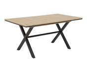 Moderner Esstisch mit Holzplatte und schwarzen Metallbeinen in X-Form, seitliche Perspektive
