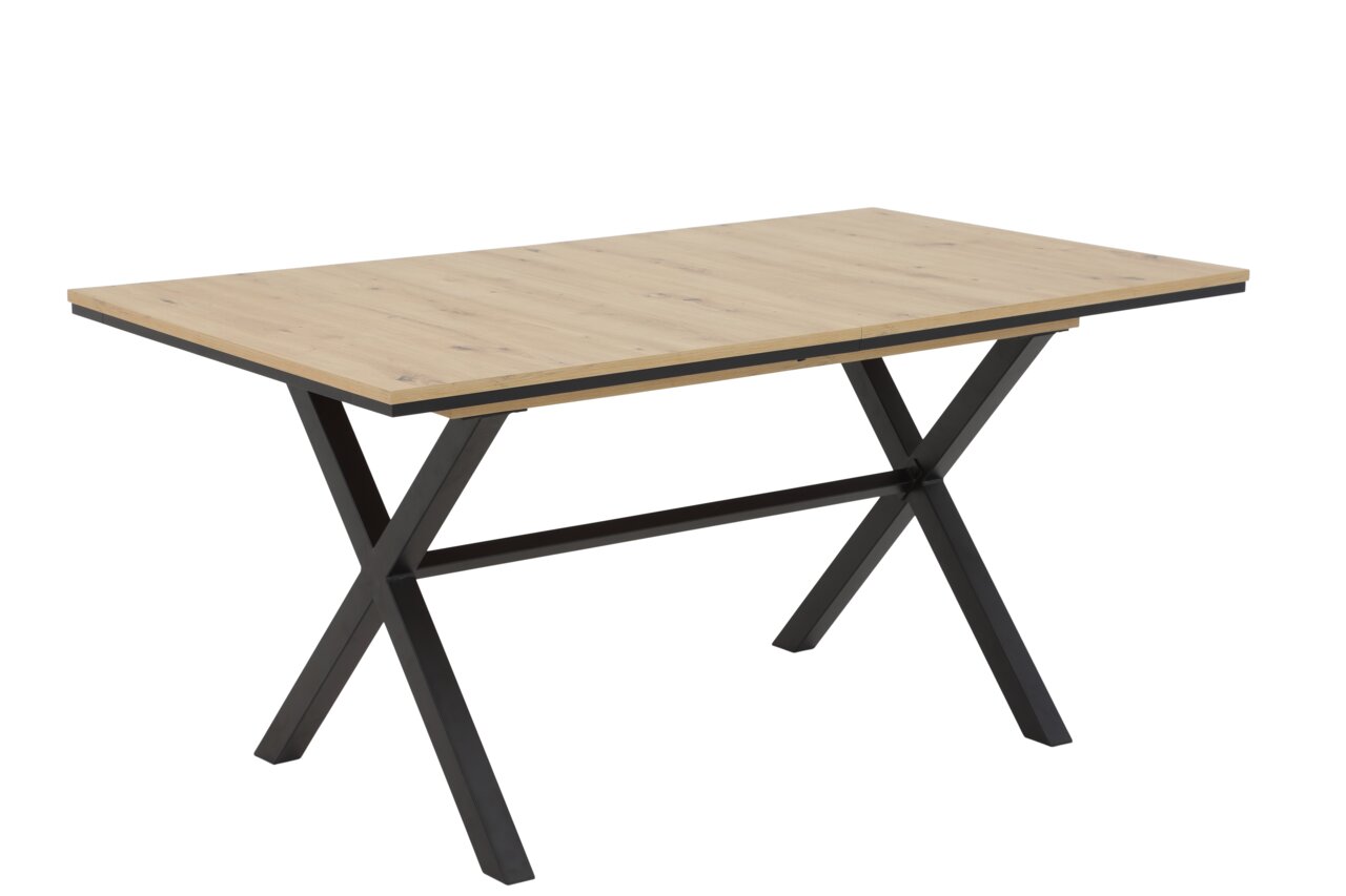 Moderner Esstisch mit Holzplatte und schwarzen Metallbeinen in X-Form, seitliche Perspektive