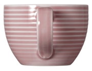 Seitenansicht einer rosa gestreiften Espressoobertasse mit Henkel.
