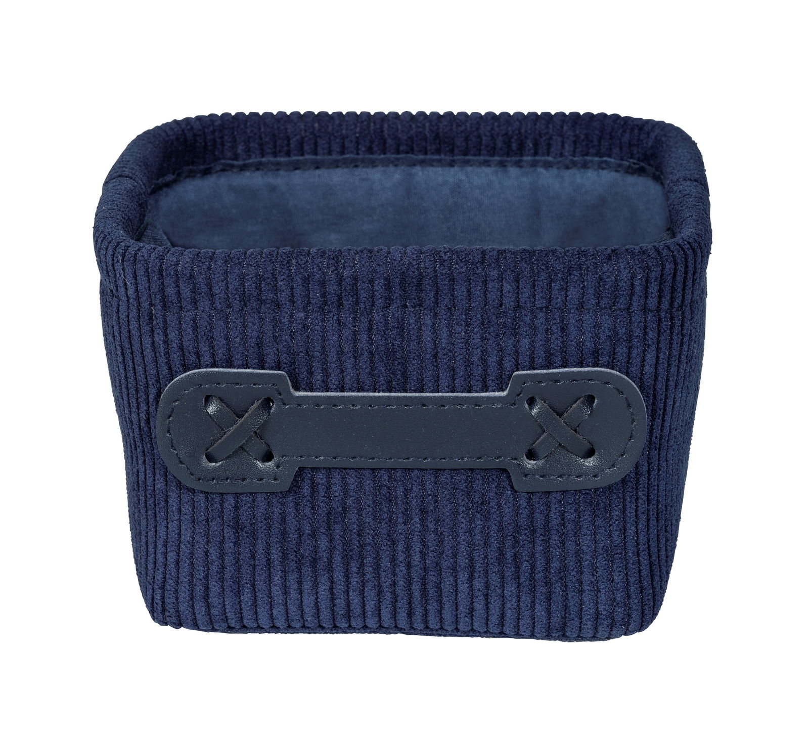 Dunkelblauer, quadratischer Badkorb Anela mini mit Kordstruktur und dekorativem Griff, Frontalansicht.