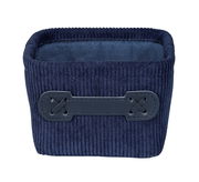 Dunkelblauer, quadratischer Badkorb Anela mini mit Kordstruktur und dekorativem Griff, Frontalansicht.