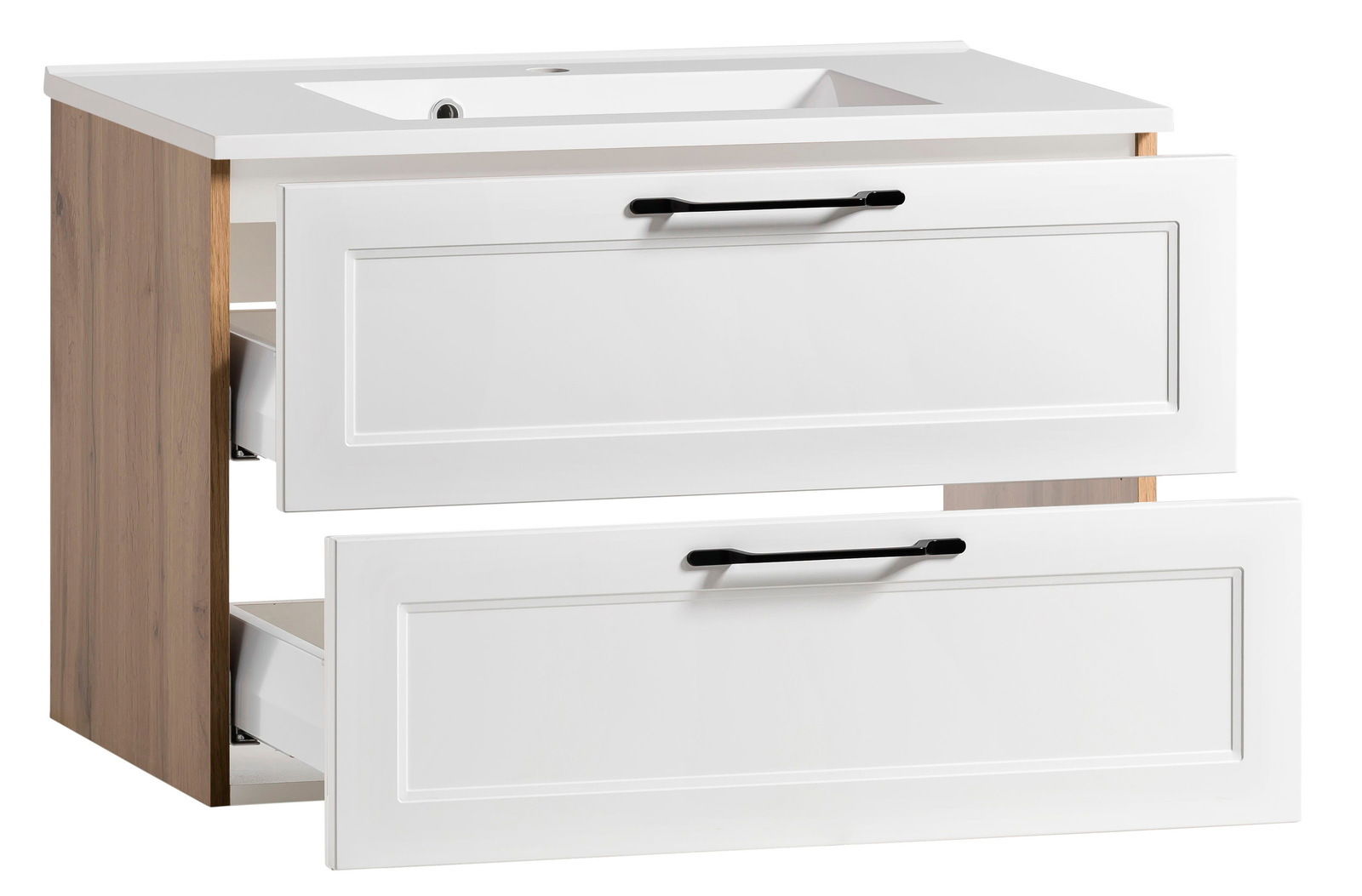 Waschtisch-Set mit zwei weißen Schubladen und schwarzen Griffen, seitliche Holzoptik, Perspektive von vorne links