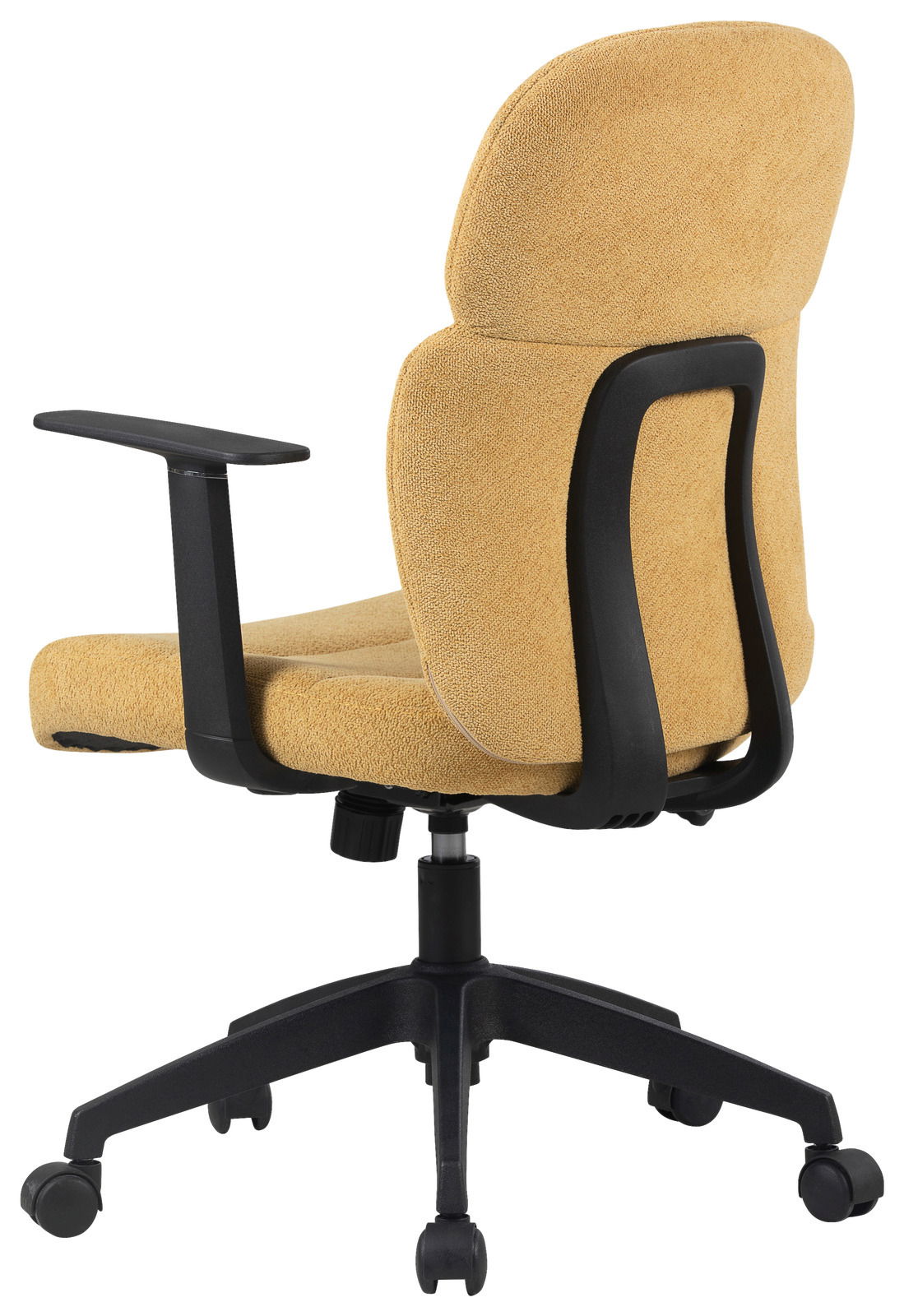 Rückansicht eines gelben Drehstuhls mit schwarzem Gestell und Armlehnen.