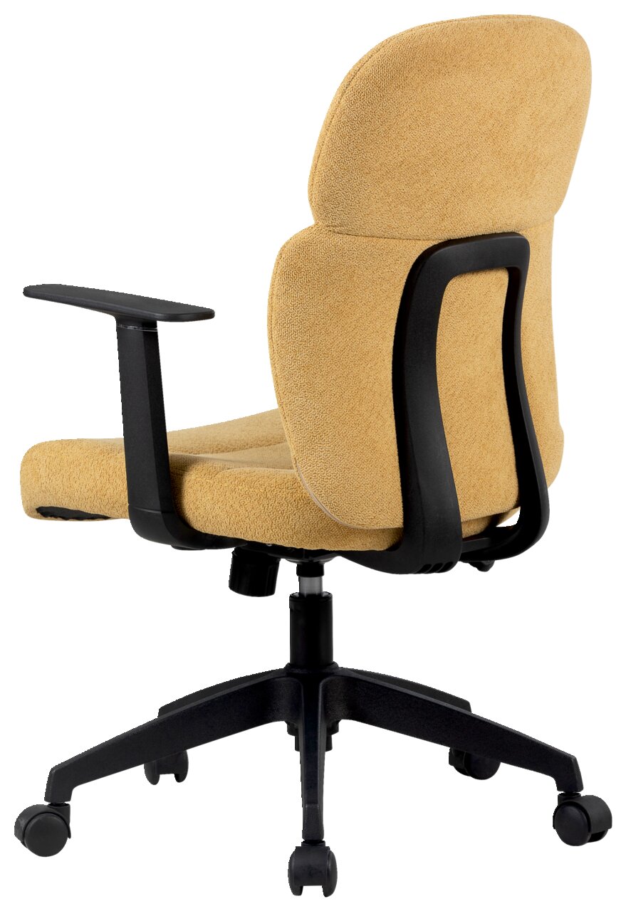 Rückansicht eines gelben Drehstuhls mit schwarzem Gestell und Armlehnen.