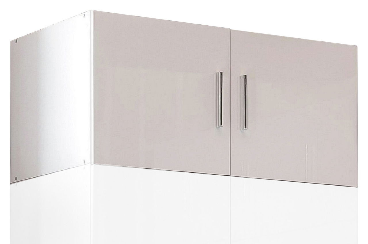 XORA Aufsatz T40 MALTA Vorderansicht eines grauen Schrankaufsatzes mit zwei Türen und silbernen Griffen.