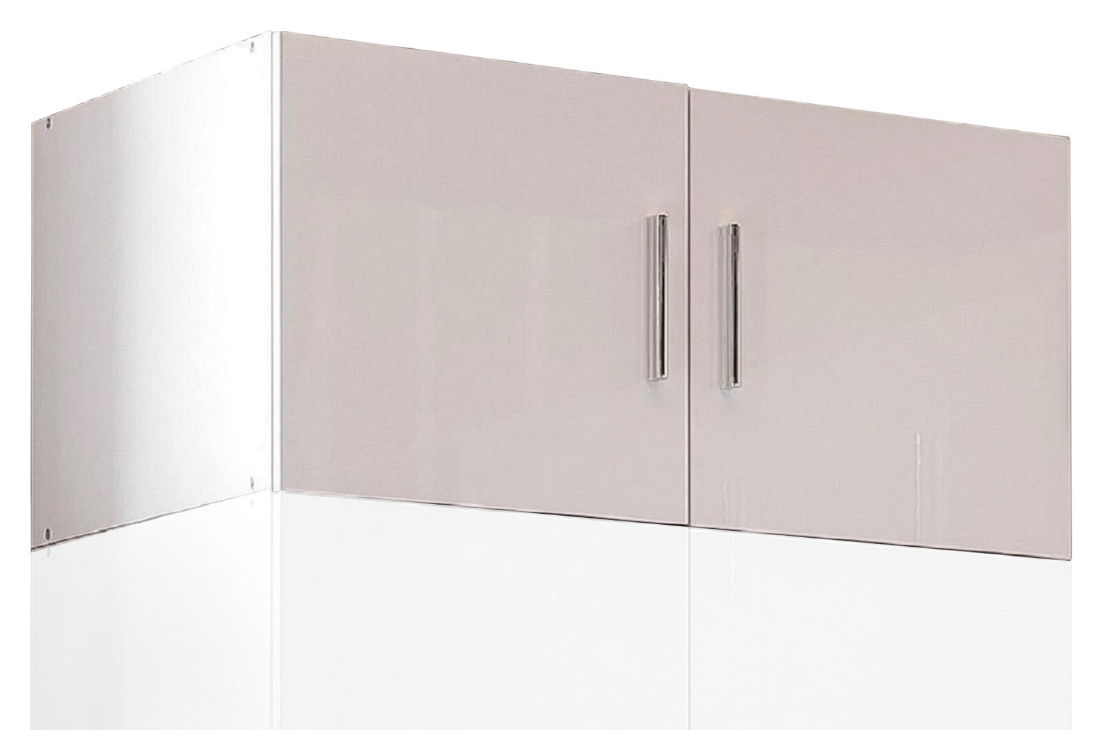 XORA Aufsatz T40 MALTA Vorderansicht eines grauen Schrankaufsatzes mit zwei Türen und silbernen Griffen.