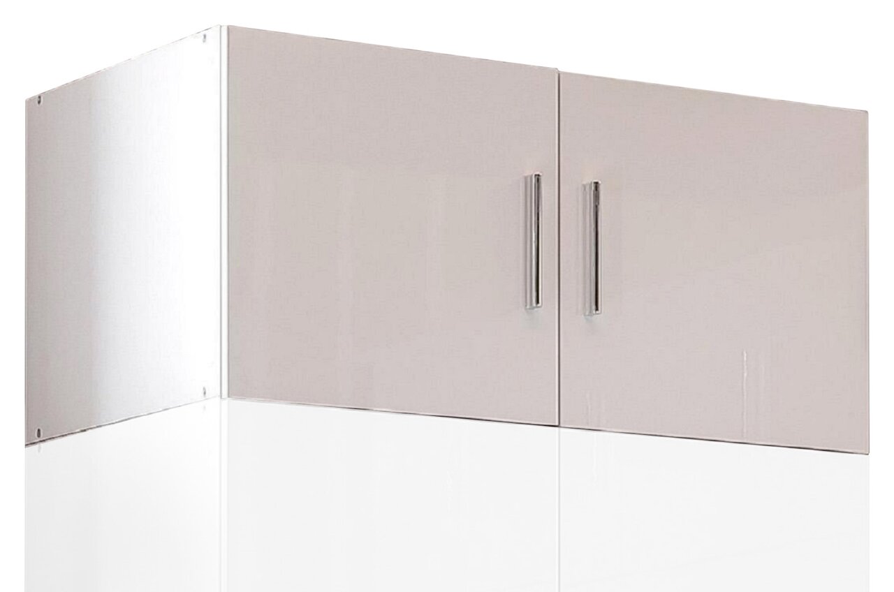 XORA Aufsatz T40 MALTA Vorderansicht eines grauen Schrankaufsatzes mit zwei Türen und silbernen Griffen.