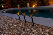 Drei Solar-Erdspieße GRETITA in einem Garten, die bei Dämmerung entlang eines Pools leuchten, seitliche Perspektive.