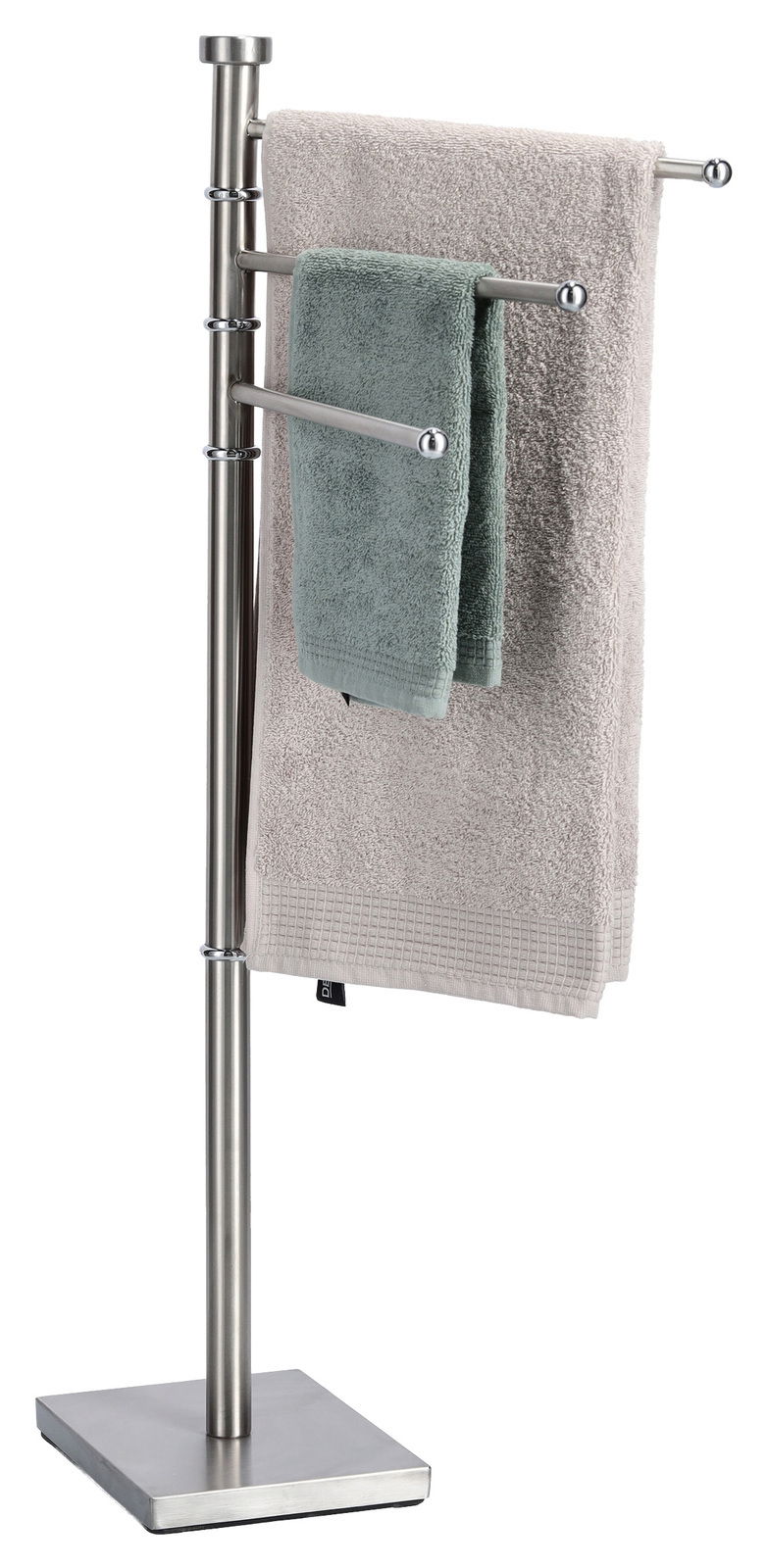 Moderner Handtuchhalter aus Edelstahl mit drei Armen, frontal abgebildet, mit zwei Handtüchern in Grau und Grün.