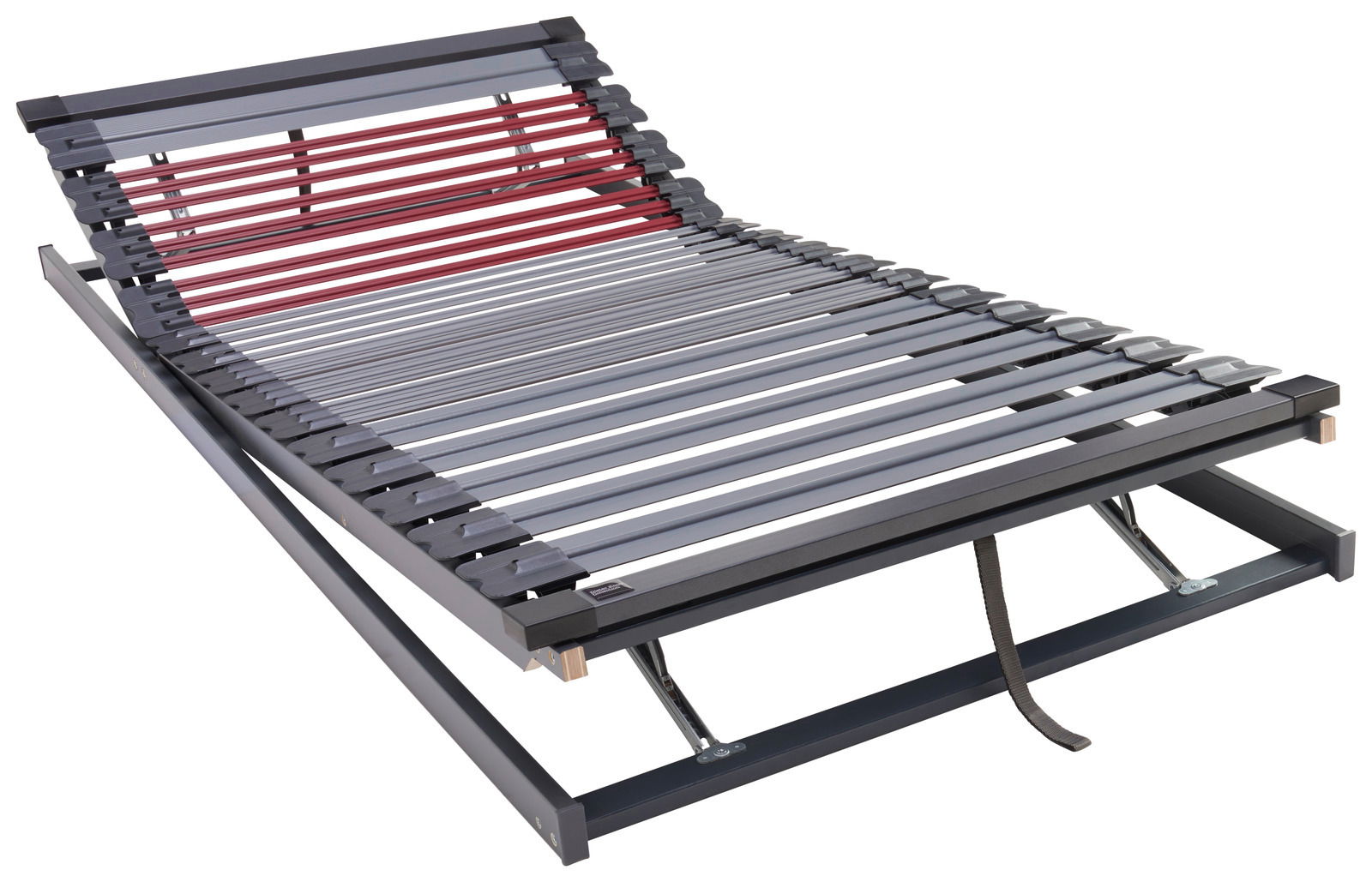 Dieter Knoll Fiberglasrahmen CARELLA Fiberglasrahmen 90 x 200 cm in seitlicher Perspektive mit verstellbarem Kopfteil und roten sowie grauen Leisten.