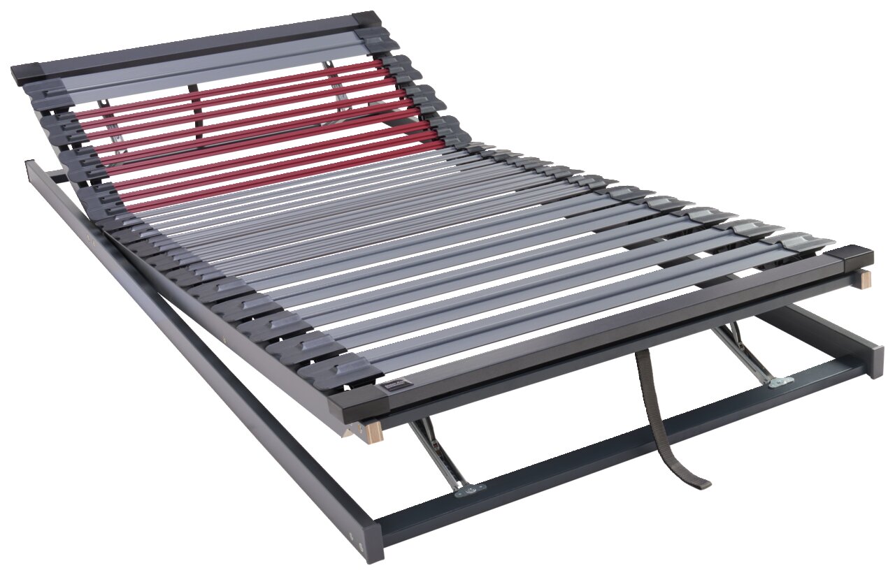 Dieter Knoll Fiberglasrahmen CARELLA Fiberglasrahmen 90 x 200 cm in seitlicher Perspektive mit verstellbarem Kopfteil und roten sowie grauen Leisten.