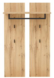 Frontale Ansicht eines modernen Garderoben-Sets aus Holz mit schwarzem Metallbügel und Haken.