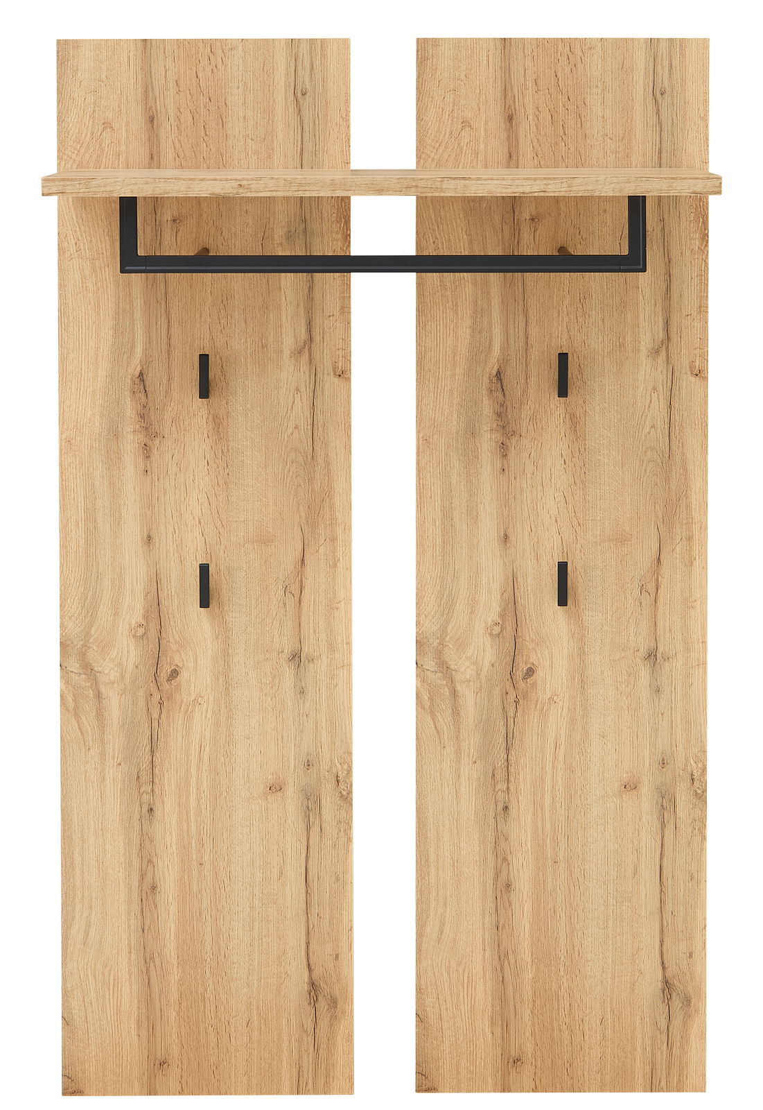 Frontale Ansicht eines modernen Garderoben-Sets aus Holz mit schwarzem Metallbügel und Haken.