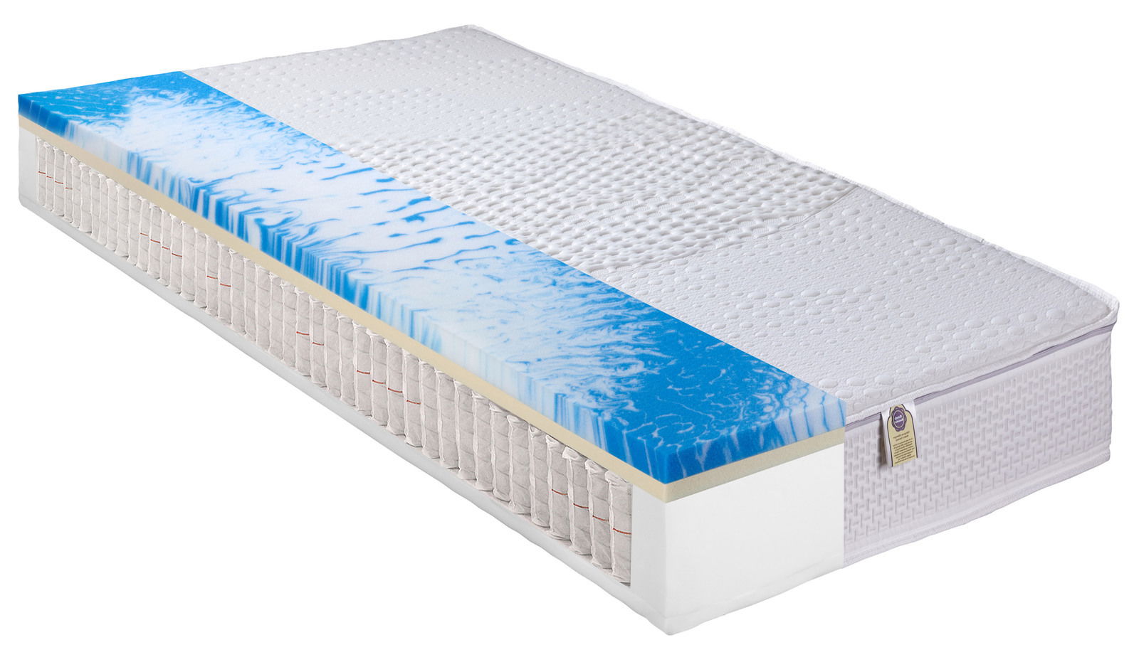 Taschenfederkernmatratze 90 x 200 cm mit blauer Gelauflage, seitliche Perspektive