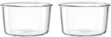 Zwei transparente Glasschalen, frontal nebeneinander angeordnet, mit glattem Rand und klarer Oberfläche.