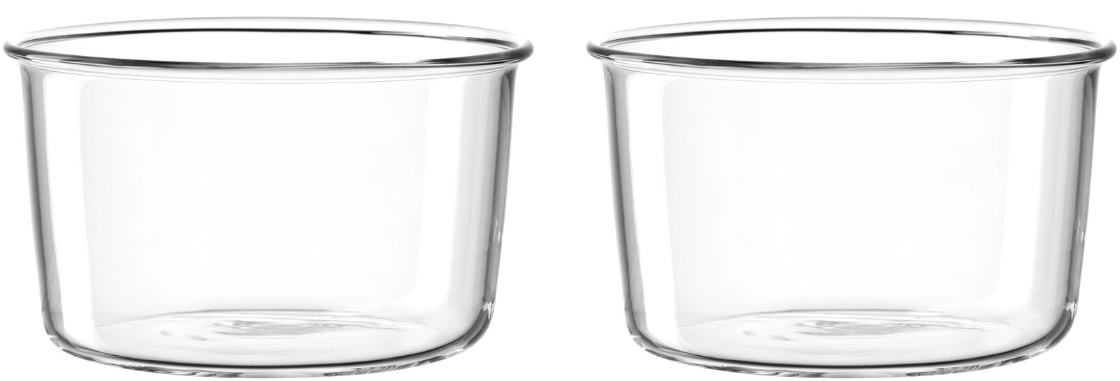 Zwei transparente Glasschalen, frontal nebeneinander angeordnet, mit glattem Rand und klarer Oberfläche.