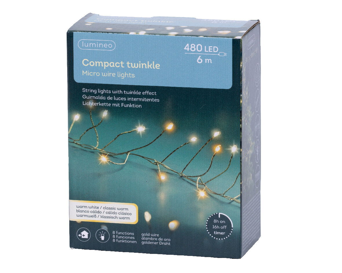Lumineo Compact lichtslinger van 6 m met 480 micro-leds Verpackung der Lumineo Compact Twinkle Micro LED Lichterkette mit 480 warmweißen LEDs auf 6 m Länge, goldener Draht, 8 Funktionen, Timer 8h an/16h aus, Vorderansicht.