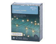 Verpackung der Lumineo Compact Twinkle Micro LED Lichterkette mit 480 warmweißen LEDs auf 6 m Länge, goldener Draht, 8 Funktionen, Timer 8h an/16h aus, Vorderansicht.