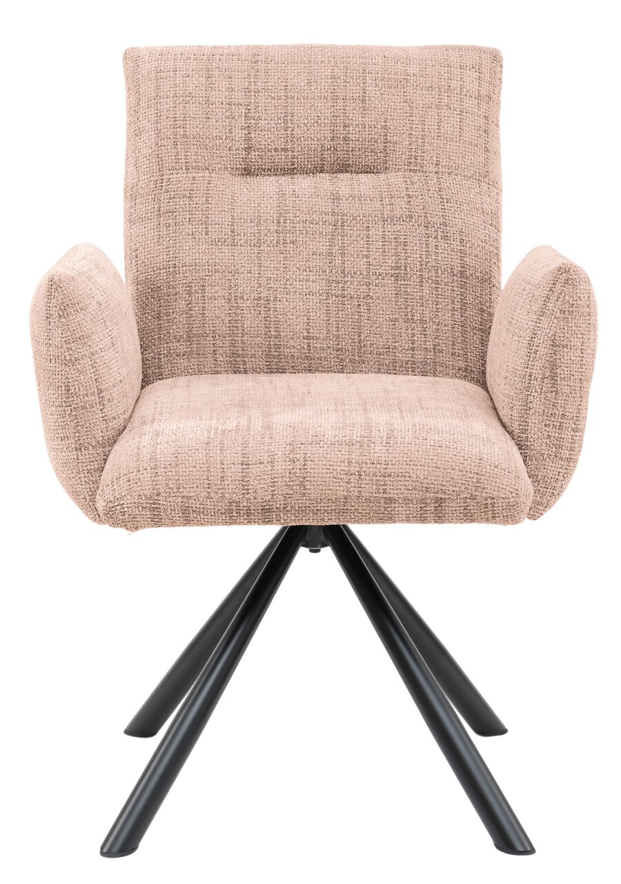 Beige fauteuil met gestoffeerde zitting en rugleuning, zwart metalen frame, vooraanzicht