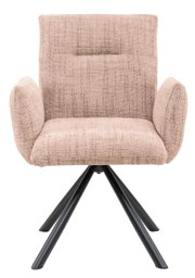 Beige fauteuil met gestoffeerde zitting en rugleuning, zwart metalen frame, vooraanzicht