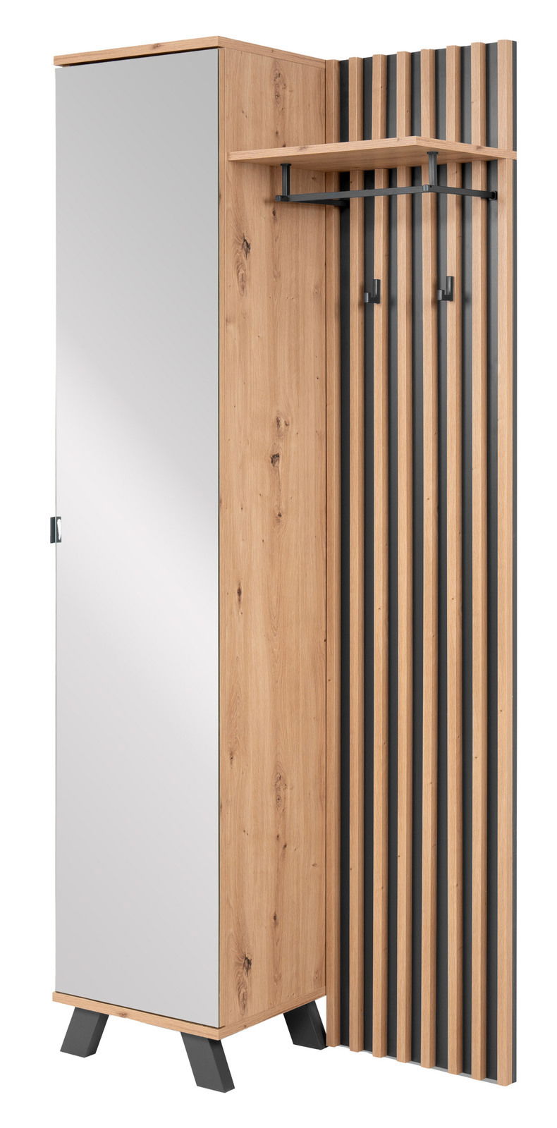 Moderne Garderobe aus Holz mit Spiegel und Haken, seitliche Perspektive