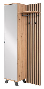 Moderne Garderobe aus Holz mit Spiegel und Haken, seitliche Perspektive
