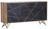 Modernes Sideboard mit geometrischem Design, Holzrahmen und goldenen Akzenten, seitliche Perspektive
